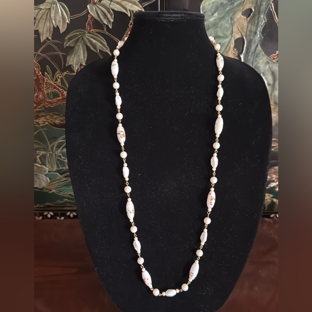 Vintage Porcelain Beaded Necklace Multicolor Floral With Metal Chain Links
